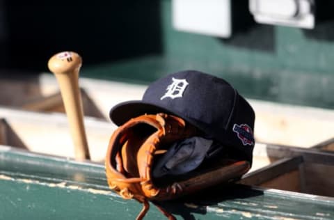 DETROIT, MI – OCTOBER 18: A detail of a Detroit Tigers hat with an official postseason logo. (Photo by Leon Halip/Getty Images)