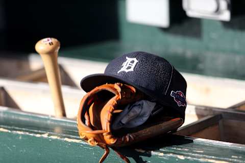 DETROIT, MI – OCTOBER 18: A detail of a Detroit Tigers hat with an official postseason logo is seen on the bat rack in the udgout againstthe New York Yankees during game four of the American League Championship Series at Comerica Park on October 18, 2012 in Detroit, Michigan. (Photo by Leon Halip/Getty Images)