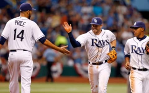 ST. PETERSBURG, FL – APRIL 02: Pitcher David Price congratulates Evan Longoria after he made a play against the Baltimore Orioles. (Photo by J. Meric/Getty Images)