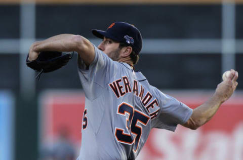 OAKLAND, CA – OCTOBER 10: Justin Verlander #35 of the Detroit Tigers pitches against the Oakland Athletics during Game Five of the American League Division Series at O.co Coliseum on October 10, 2013 in Oakland, California. (Photo by Thearon W. Henderson/Getty Images)