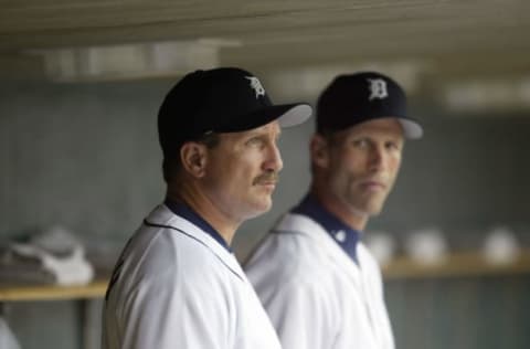 DETROIT – APRIL 8: Bullpen Coach Lance Parrish #13 of the Detroit Tigers looks on from the dugout during the game against the Minnesota Twins on opening day at Comerica Park on April 8, 2004 in Detroit, Michigan. The Tigers won 10-6. (Photo by Tom Pidgeon/Getty Images)