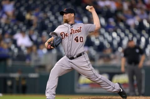 KANSAS CITY, MO – JULY 10: Phil Coke #40 of the Detroit Tigers throws in the ninth inning against the Kansas City Royals at Kauffman Stadium on July 10, 2014 at Kauffman Stadium in Kansas City, Missouri. The Tigers won 16-4. (Photo by Ed Zurga/Getty Images)