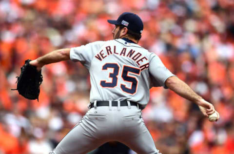 BALTIMORE, MD – OCTOBER 03: Justin Verlander #35 of the Detroit Tigers throws a pitch in the first inning against the Baltimore Orioles during Game Two of the American League Division Series at Oriole Park at Camden Yards on October 3, 2014 in Baltimore, Maryland. (Photo by Patrick Smith/Getty Images)