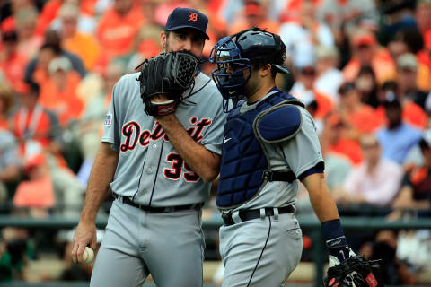 BALTIMORE, MD – OCTOBER 03: Justin Verlander #35 of the Detroit Tigers talks with Alex Avila #13 of the Detroit Tigers in the fourth inning against the Baltimore Orioles during Game Two of the American League Division Series at Oriole Park at Camden Yards on October 3, 2014, in Baltimore, Maryland. (Photo by Rob Carr/Getty Images)