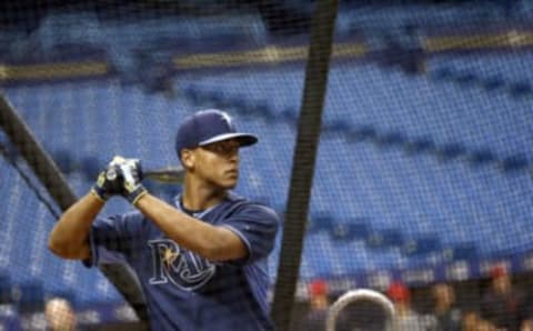 ST. PETERSBURG, FL – JUNE 30: Tampa Bay Rays 2015 first-round selection, outfielder Garrett Whitley, 18, takes batting practice for the first time in a Rays’ uniform before the start of a game against the Cleveland Indians on June 30, 2015 at Tropicana Field in St. Petersburg, Florida. (Photo by Brian Blanco/Getty Images)