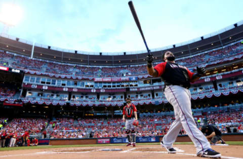 CINCINNATI, OH – JULY 13: American League All-Star Prince Fielder #84 of the Texas Rangers bats during the Gillette Home Run Derby presented by Head & Shoulders at the Great American Ball Park on July 13, 2015 in Cincinnati, Ohio. (Photo by Elsa/Getty Images)