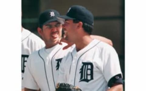 LAKELAND, UNITED STATES: Detroit Tigers pitchers Felipe Lira (L) of Miranda, Venezuela and Omar Olivares of Mayaguez, Puerto Rico  (Photo credit should read TONY RANZE/AFP via Getty Images)