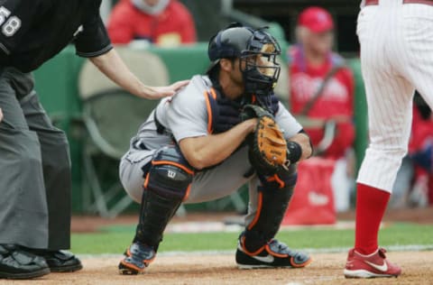 CLEARWATER, FL – MARCH 3: Catcher Ivan Rodriguez #7 of the Detroit Tigers waits for a pitch against the Philadelphia Phillies during MLB Spring Training action at the Bright House Networks Field on March 3, 2005 in Clearwater, Florida. Detroit Tigers defeated the Philadelphia Phillies 9-1. (Photo by Doug Pensinger/Getty Images)