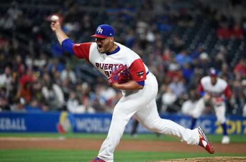 SAN DIEGO, CALIFORNIA – MARCH 14: Joe Jimenez #43 of Puerto Rico pitches during the sixth inning in the World Baseball Classic Pool F Game One between the Dominican Republic and Puerto Rico at PETCO Park on March 14, 2017 in San Diego, California. (Photo by Denis Poroy/Getty Images)