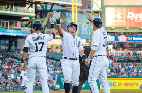 DETROIT, MI – APRIL 25: James McCann #34 of the Detroit Tigers hits a three run homer in the second inning and scores teammates Andrew Romine #17 and Jim Adduci #37 against the Seattle Mariners during a MLB game at Comerica Park on April 25, 2017 in Detroit, Michigan. (Photo by Dave Reginek/Getty Images)