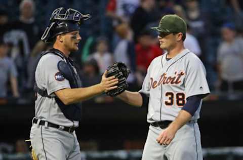 CHICAGO, IL – MAY 27: John Hicks #55 and Justin Wilson #38 of the Detroit Tigers celebrate a win over the Chicago White Sox in game two at Guaranteed Rate Field on May 27, 2017 in Chicago, Illinois. The Tigers defeated the White Sox 4-3. (Photo by Jonathan Daniel/Getty Images)