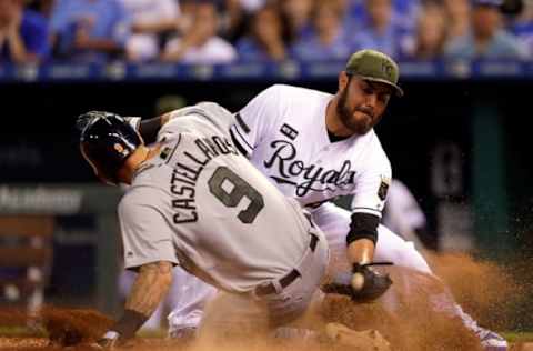 KANSAS CITY, MO – MAY 29: Nicholas Castellanos #9 of the Detroit Tigers slides safely into home to score on a wild pitch as pitcher Joakim Soria #48 of the Kansas City Royals covers the plate during the 8th inning of the game at Kauffman Stadium on May 29, 2017 in Kansas City, Missouri. (Photo by Jamie Squire/Getty Images)