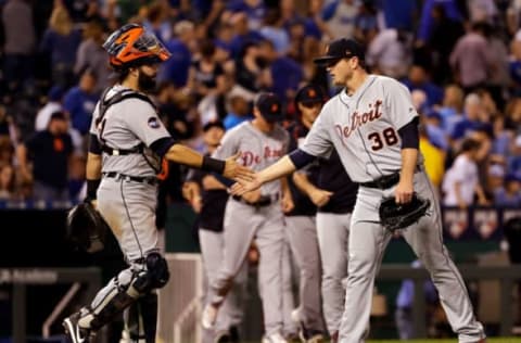 KANSAS CITY, MO – MAY 31: Catcher Alex Avila #31 and Justin Wilson #38 of the Detroit Tigers congratulate each other after the Tigers defeated the Kansas City Royals 6-5 to win the game at Kauffman Stadium on May 31, 2017 in Kansas City, Missouri. (Photo by Jamie Squire/Getty Images)