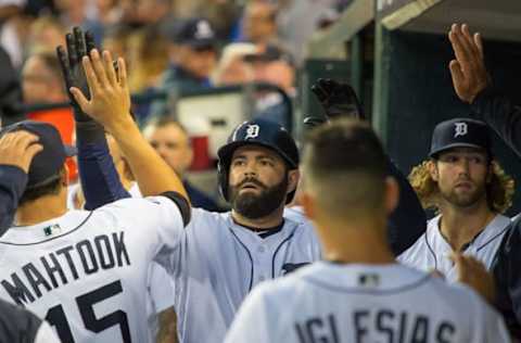 DETROIT, MI – JUNE 06: Alex Avila #31 of the Detroit Tigers celebrates his solo home run in the sixth inning with teammates in the dugout during a MLB game against the Los Angeles Angels at Comerica Park on June 6, 2017 in Detroit, Michigan. The Angels defeated the Tigers 5-3. (Photo by Dave Reginek/Getty Images)