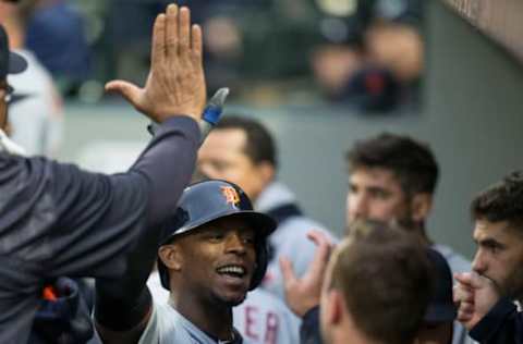 SEATTLE, WA – JUNE 20: Justin Upton #8 of the Detroit Tigers is congratulated by teammates after hitting a solo home run off of starting pitcher Ariel Miranda #37 of the Seattle Mariners during the second inning of a game at Safeco Field on June 20, 2017 in Seattle, Washington. (Photo by Stephen Brashear/Getty Images)