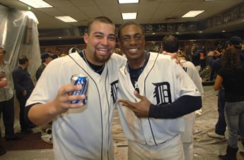 Joel Zumaya and Curtis Granderson celebrate after winning Game Four of the 2006 ALDS. (Photo by Mark Cunningham/MLB Photos via Getty Images)