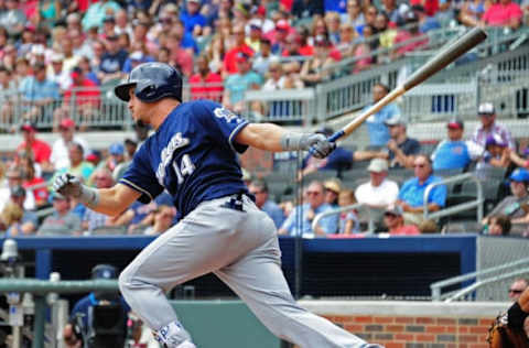 ATLANTA, GA – JUNE 25: Hernan Perez #14 of the Milwaukee Brewers knocks in a run with a third-inning single against the Atlanta Braves at SunTrust Park on June 25, 2017 in Atlanta, Georgia. (Photo by Scott Cunningham/Getty Images)