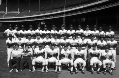 Members of Cleveland’s 1979 team pose for a team portrait, including shortstop Tom Veryzer. (Photo by: Ron Kuntz Collection/Diamond Images/Getty Images)