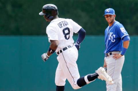 DETROIT, MI – JUNE 29: Justin Upton #8 of the Detroit Tigers rounds the bases past second baseman Ramon Torres #46 of the Kansas City Royals after hitting a three-run home run against the Kansas City Royals during the first inning at Comerica Park on June 29, 2017 in Detroit, Michigan. (Photo by Duane Burleson/Getty Images)