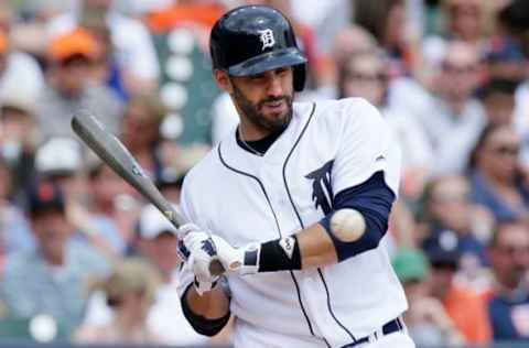 DETROIT, MI – JUNE 29: J.D. Martinez #28 of the Detroit Tigers avoids an inside pitch during the third inning of a game against the Detroit Tigers at Comerica Park on June 29, 2017 in Detroit, Michigan. The Tigers defeated the Royals 7-3. (Photo by Duane Burleson/Getty Images)