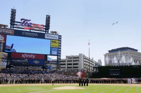 DETROIT, MI – JULY 4: Two A-10 Thunderbolt II ‘Warthog’ military aircraft jets fly over Comerica Park during Independence Day pregame ceremonies before the baseball game between the Detroit Tigers and San Francisco Giants on July 4, 2017 in Detroit, Michigan. (Photo by Duane Burleson/Getty Images)