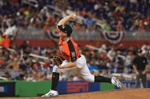 MIAMI, FL – JULY 09: Beau Burrows #55 of the Detroit Tigers and the U.S. Team delivers the pitch against the World Team during the SiriusXM All-Star Futures Game at Marlins Park on July 9, 2017 in Miami, Florida. (Photo by Mike Ehrmann/Getty Images)