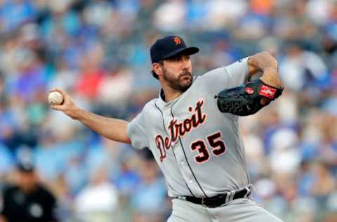 KANSAS CITY, MO – JULY 19: Starting pitcher Justin Verlander #35 of the Detroit Tigers pitches during the 1st inning of the game against the Kansas City Royals at Kauffman Stadium on July 19, 2017 in Kansas City, Missouri. (Photo by Jamie Squire/Getty Images)