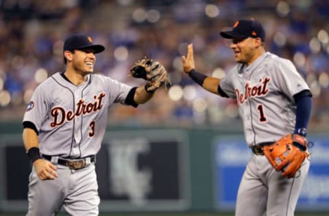 KANSAS CITY, MO – JULY 19: Ian Kinsler #3 and Jose Iglesias #1 of the Detroit Tigers congratulate each other after picking off a runner on second base to end the top of the 6th inning during the game against the Kansas City Royals at Kauffman Stadium on July 19, 2017 in Kansas City, Missouri. (Photo by Jamie Squire/Getty Images)