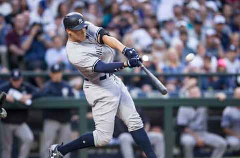 SEATTLE, WA – JULY 21: Aaron Judge #99 of the New York Yankees hits a sacrifice fly off of starting pitcher Andrew Moore #48 of the Seattle Mariners that scored Clint Frazier #77 of the New York Yankees during the third inning of a game at Safeco Field on July 21, 2017 in Seattle, Washington. (Photo by Stephen Brashear/Getty Images)