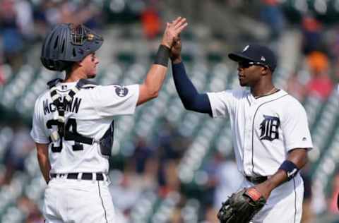 DETROIT, MI – JULY 30: James McCann #34 of the Detroit Tigers celebrates with Justin Upton #8 of the Detroit Tigers after a win over the Houston Astros at Comerica Park on July 30, 2017 in Detroit, Michigan. Upton went 4-for-5 with six RBI in a 13-1 win. (Photo by Duane Burleson/Getty Images)