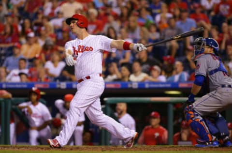 PHILADELPHIA, PA – AUGUST 12: Tommy Joseph #19 of the Philadelphia Phillies hits an RBI sacrifice fly in the eighth inning during a game against the New York Mets at Citizens Bank Park on August 12, 2017 in Philadelphia, Pennsylvania. The Phillies won 3-1. (Photo by Hunter Martin/Getty Images)