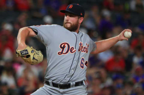 ARLINGTON, TX – AUGUST 16: Chad Bell #64 of the Detroit Tigers pitches against the Texas Rangers in the bottom of the fourth inning at Globe Life Park in Arlington on August 16, 2017 in Arlington, Texas. (Photo by Tom Pennington/Getty Images)