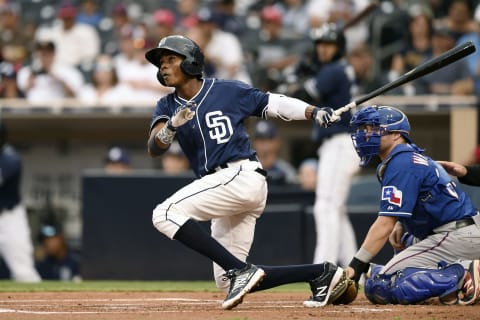 Esteury Ruiz #3 of the San Diego Padres Minor Leagues plays in the Padres On Deck game against the Texas Ranges at PETCO Park on September 30, 2017 in San Diego, California. (Photo by Andy Hayt/San Diego Padres/Getty Images)