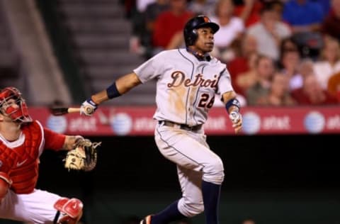 ANAHEIM, CA – AUGUST 24: Curtis Granderson #28 of the Detroit Tigers bats against the Los Angeles Angels of Anaheim on August 24, 2009 at Angel Stadium in Anaheim, California. (Photo by Stephen Dunn/Getty Images)