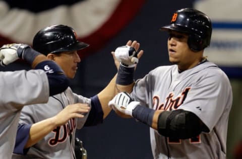 MINNEAPOLIS – Miguel Cabrera is congratulated by Magglio Ordonez after hitting a home run during the 3rd inning of the American League Tiebreaker game against the Minnesota Twins. (Photo by Jamie Squire/Getty Images)