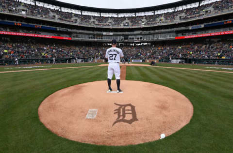 Jordan Zimmermann throws a warm-up pitch at the start of the Opening Day game. (Photo by Mark Cunningham/MLB Photos via Getty Images)