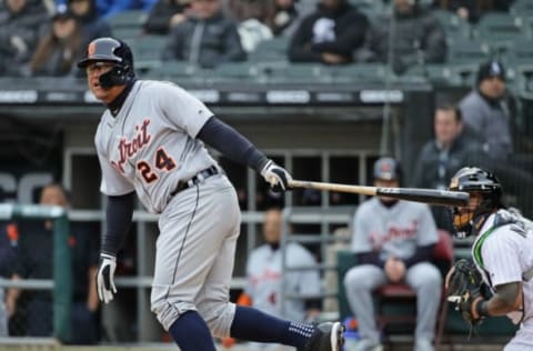 CHICAGO, IL – APRIL 05: Miguel Cabrera #24 of the Detroit Tigers bats against the Chicago White Sox during the Opening Day home game at Guaranteed Rate Field on April 5, 2018 in Chicago, Illinois. (Photo by Jonathan Daniel/Getty Images)