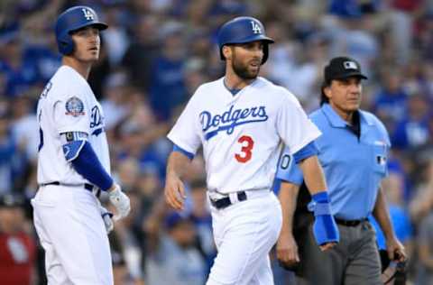 LOS ANGELES, CA – APRIL 22: Cody Bellinger #35 of the Los Angeles Dodgers and Chris Taylor #3 of the Los Angeles Dodgers cross the plate against the Washington Nationals in the sixth inning at Dodger Stadium on April 22, 2018 in Los Angeles, California. (Photo by John McCoy/Getty Images)