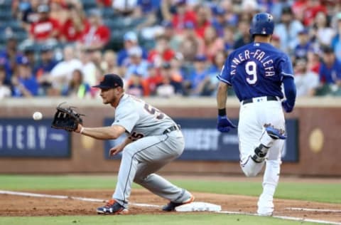 ARLINGTON, TX – MAY 07: John Hicks #55 of the Detroit Tigers makes the out against Isiah Kiner-Falefa #9 of the Texas Rangers in the second inning at Globe Life Park in Arlington on May 7, 2018 in Arlington, Texas. (Photo by Ronald Martinez/Getty Images)