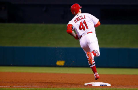 ST. LOUIS, MO – MAY 21: Tyler O’Neill #41 of the St. Louis Cardinals rounds first base after hitting a two-run home run against the Kansas City Royals in the third inning at Busch Stadium on May 21, 2018 in St. Louis, Missouri. (Photo by Dilip Vishwanat/Getty Images)