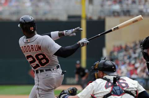 MINNEAPOLIS, MN – MAY 23: Niko Goodrum #28 of the Detroit Tigers hits a two-run home run against the Minnesota Twins during the fourth inning of the game on May 23, 2018 at Target Field in Minneapolis, Minnesota. The Tigers defeated the Twins 4-1. (Photo by Hannah Foslien/Getty Images)