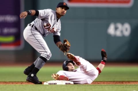 BOSTON, MA – June 5: Andrew Benintendi #16 of the Boston Red Sox steals second past Dixon Machado #49 of the Detroit Tigers during the first inning at Fenway Park on June 5, 2018 in Boston, Massachusetts. (Photo by Maddie Meyer/Getty Images)