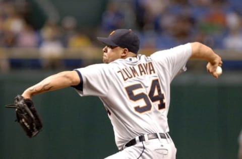 Detroit Tigers pitcher Joel Zumaya throws in relief against the Tampa Bay Devil Rays August 1, 2006 in St. Petersburg. The Tigers won 10 – 4, the team’s 71st win of the season. (Photo by A. Messerschmidt/Getty Images)