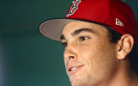 BOSTON, MA – JUNE 23: 2018 first round draft pick Triston Casas #20 of the Boston Red Sox gives a pre-game interview before the game between the Boston Red Sox and the Seattle Mariners at Fenway Park on June 23, 2018 in Boston, Massachusetts. (Photo by Omar Rawlings/Getty Images)