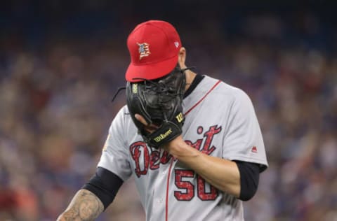 TORONTO, ON – JULY 2: Mike Fiers #50 of the Detroit Tigers reacts after giving up a run at the end of the fourth inning during MLB game action against the Toronto Blue Jays at Rogers Centre on July 2, 2018 in Toronto, Canada. (Photo by Tom Szczerbowski/Getty Images)