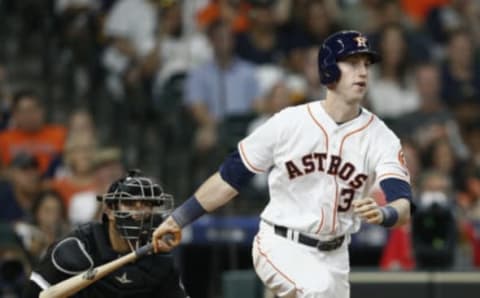 HOUSTON, TX – JULY 07: Kyle Tucker #3 of the Houston Astros singles to right field in the seventh inning for his first major league hit against the Chicago White Sox at Minute Maid Park on July 7, 2018 in Houston, Texas. (Photo by Bob Levey/Getty Images)