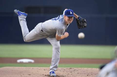 SAN DIEGO, CA – JULY 12: Ross Stripling #68 of the Los Angeles Dodgers pitches during the first inning of a baseball game against the San Diego Padres at PETCO Park on July 12, 2018 in San Diego, California. (Photo by Denis Poroy/Getty Images)