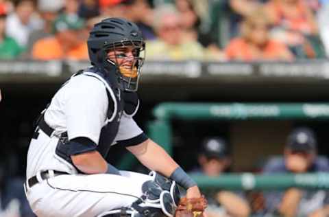 DETROIT, MI – SEPTEMBER 06: James McCann #34 of the Detroit Tigers catches during the seventh inning of the game against the San Francisco Giants at Comerica Park on September 6, 2014 in Detroit, Michigan. The Giants defeated the Tigers 5-4. (Photo by Leon Halip/Getty Images)