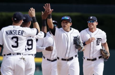 DETROIT, MI – APRIL 11: Ian Kinsler #3 of the Detroit Tigers greets Mikie Mahtook #15 of the Detroit Tigers and JaCoby Jones #40 of the Detroit Tigers as they celebrate a 2-1 win over the Minnesota Twins at Comerica Park on April 11, 2017 in Detroit, Michigan. (Photo by Duane Burleson/Getty Images)