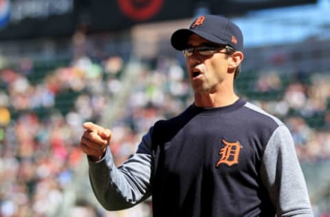 MINNEAPOLIS, MN – APRIL 22: Brad Asumus manager of the Detroit Tigers leaves the field in the fifth inning during a baseball game against the Minnesota Twins on April 22, 2017 at Target Field in Minneapolis, Minnesota. The Tigers defeated the Twins 5-4. (Photo by Andy King/Getty Images)